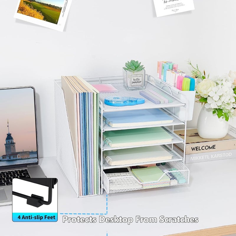 Gugsey Desk Organizer, 5-Tier Paper Letter Tray Organizer with File Holder, Drawer and Pen Holder, Desktop Organizer for Office Supplies, White - Image 5